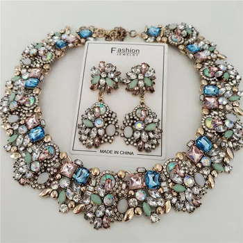 2025 New Fashion Crystal Rhinestones Large Collar Choker Necklace Earrings Women Jewelry Sets Indian Statement Wedding Necklace 1
