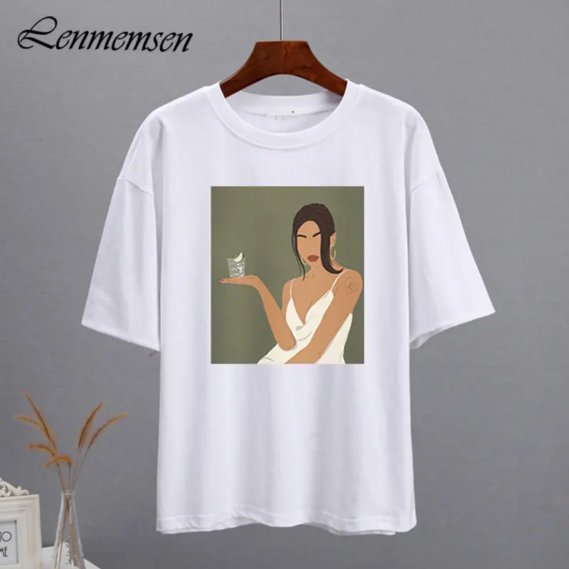 

Модные свободные футболки Lenmemsen, женские летние мягкие хлопковые базовые футболки с коротким рукавом, женские оверсайз шикарные топы с эстетичным рисунком