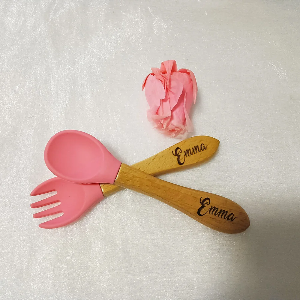Wooden Rattle with Personalized Name for Baby, Silicone Spoon and Fork Set, Sensory Toy, Newborn Hair Brush, Kids Gift