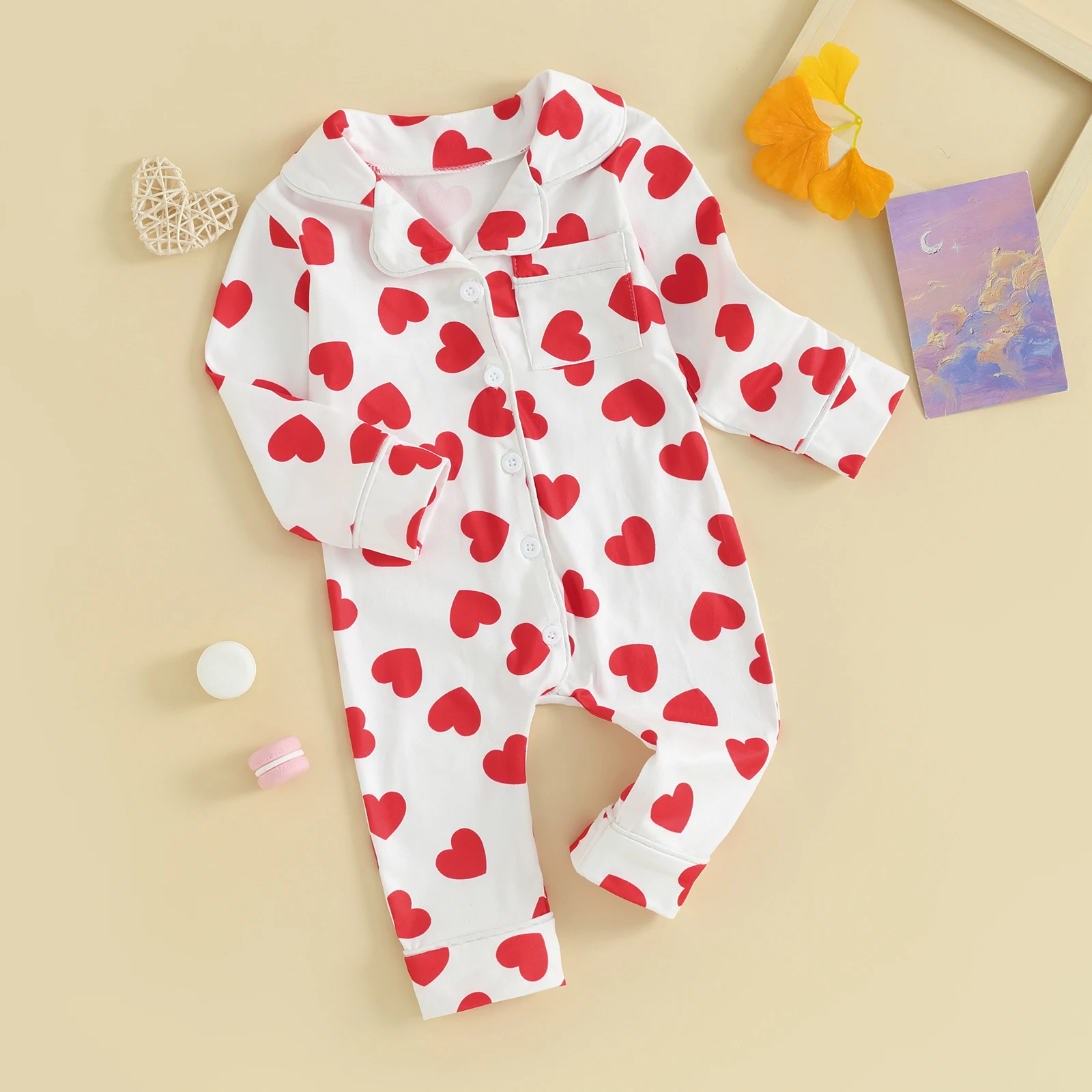 FOCUSNORM 0-24M Lovely Baby Boys Girls Pajamas Jumpsuits Long Sleeve Lapel Collar Heart Print Button Up Rompers