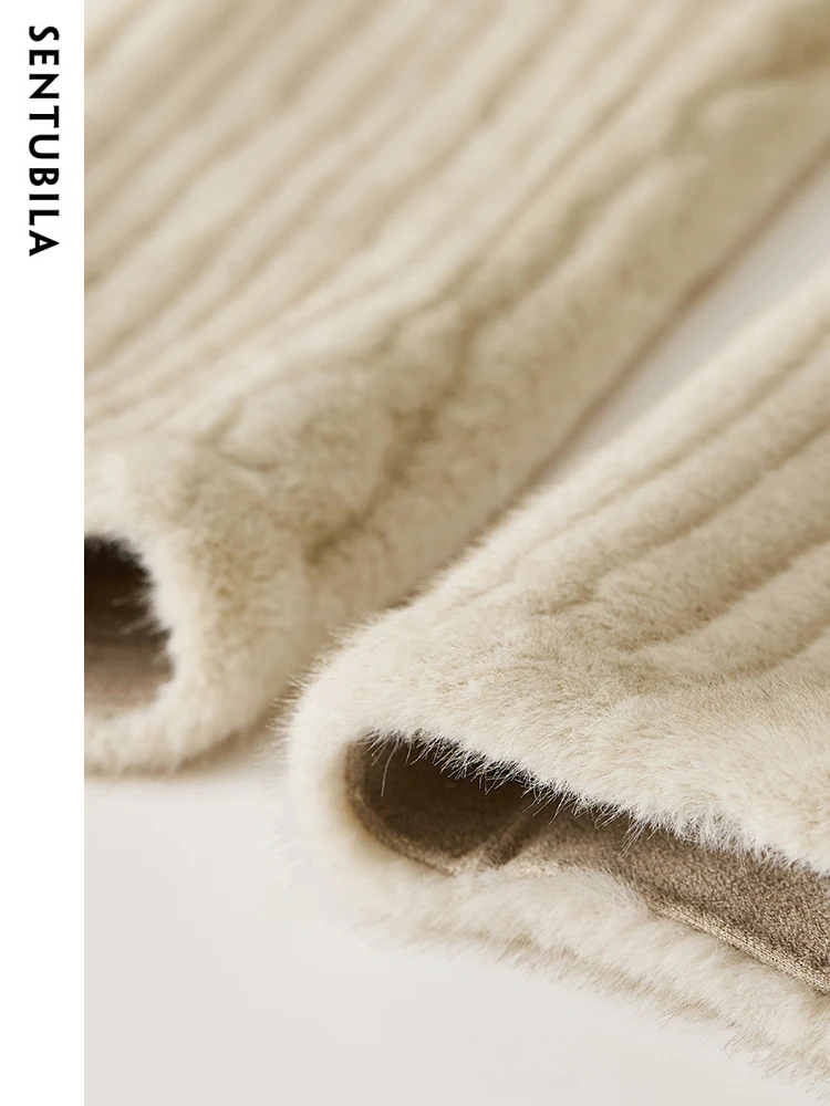 SENTUBILA Women's Imitation Rabbit Fleece Jacket 2023 Autumn Winter Elegant Crew Neck Double-breasted Plush Short Coat W34W50108