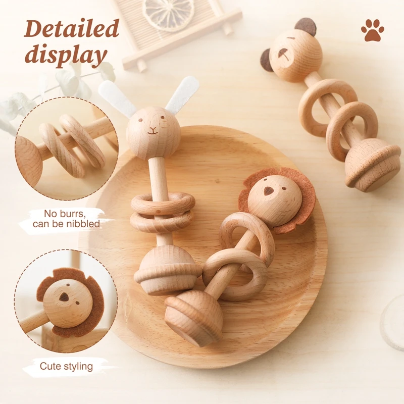 1pc Baby Rattles Toys Beech Wooden Animal Rattles Music Hand Bells Toys Newbron Montessori Educational Mobile Rattle Blocks Toys - 2