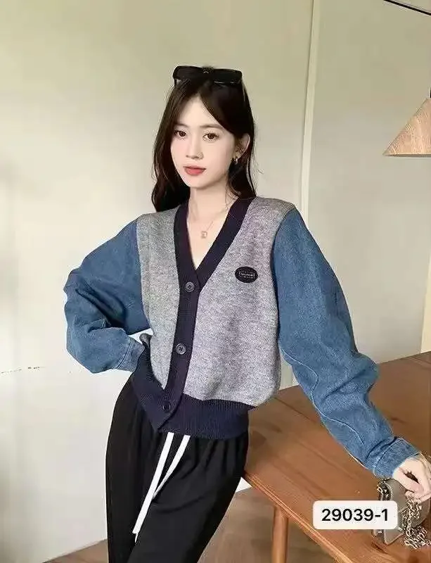 

Oversized Cardigan Women Clothing Patchwork Denim vintage Sueter Mujer V-neck Fashion Casual Knitted Sweater Coat Y2k tops