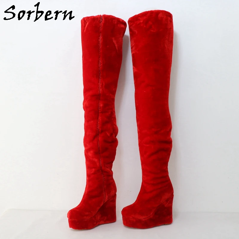

Sorbern Red Fur 95cm Crotch Thigh Boots For Women Wedges Boot Unisex Fetish High Heels Custom Size Eu33-48