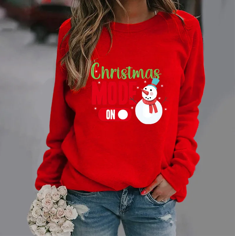 2023 New Christmas Sweatshirt Women's Long Sleeve Christmas Snowman Loose Merry Christmas Print Pullover