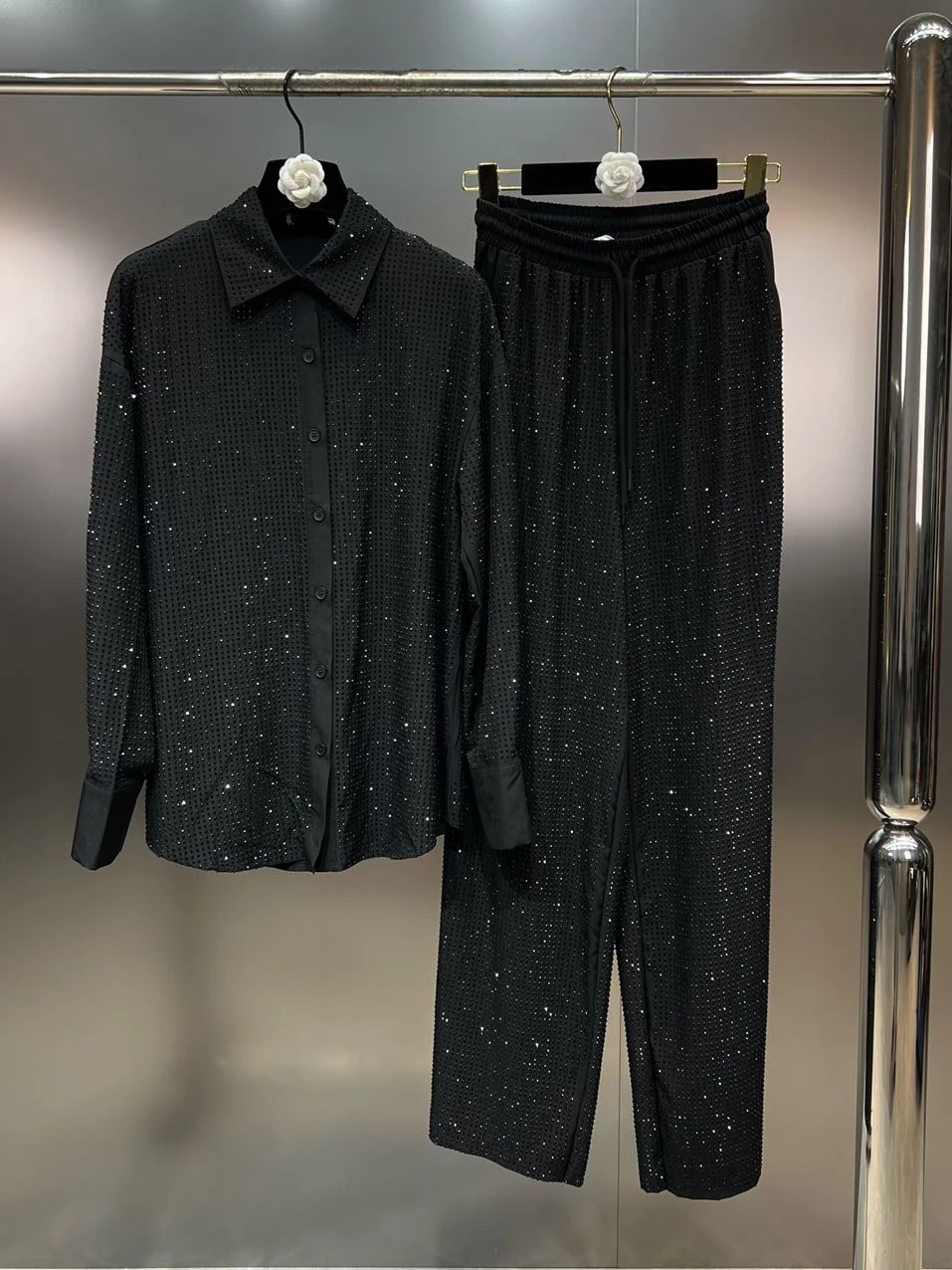 Spring New Lapel Long Sleeve Rhinestone Shiny Loose Blouse High Waist Slim Straight Pants Two-Piece Sets Fashion Outfits Women