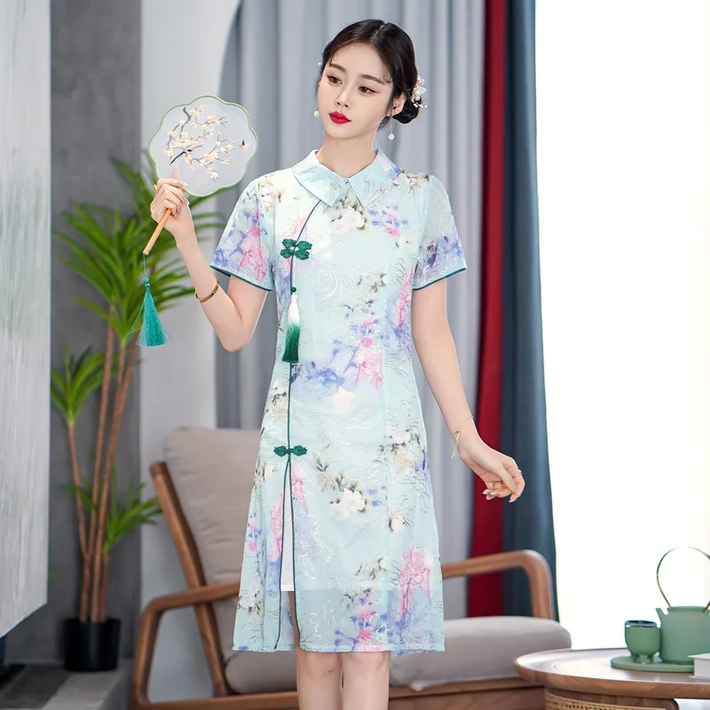 

Chinese Cheongsam A-line Dress Women Qipao 2022 Summer New Fashion Modern Traditional Chinese Clothes