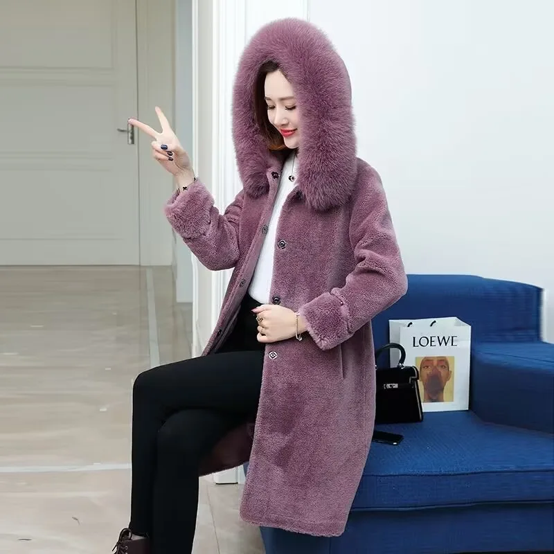 2023 Winter New Women Cashmere Coat Large Size Long Solid Color Thickened Warm Parkas Female Fashion Fox Fur Hooded Fur Outwear