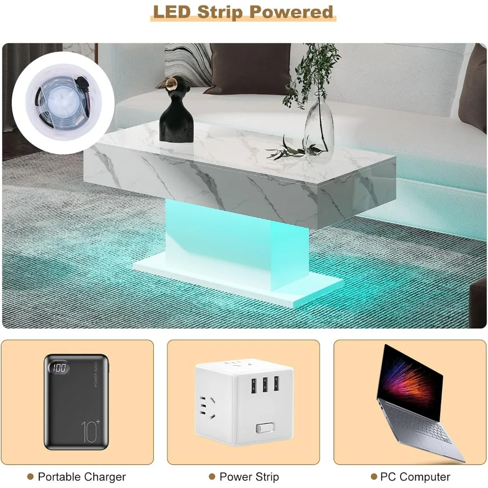 Led Coffee Table for Living Room, Living Room Table Rectangular Center Table, Modern High Glossy Wooden Coffee Tables with 16 Co 5