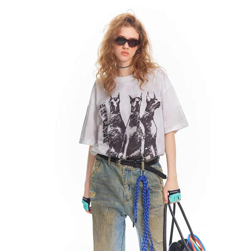 

NXXTRESS Summer Short Sleeve T-shirts Hip Hop Doberman Pinscher Print T Shirts Streetwear Harajuku Casual Cotton Loose Tops Tees