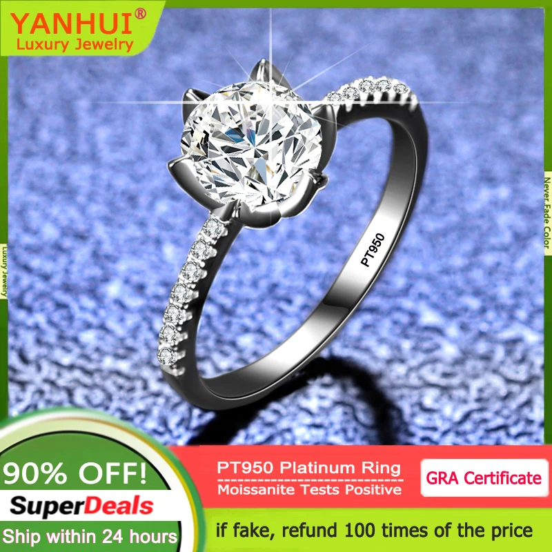 YANHUI 1.0CT Moissanite Ring For Women PT950 Platinum Ring Engagement Promise Wedding Band Classic Fine Jewelry Luxury Gifts