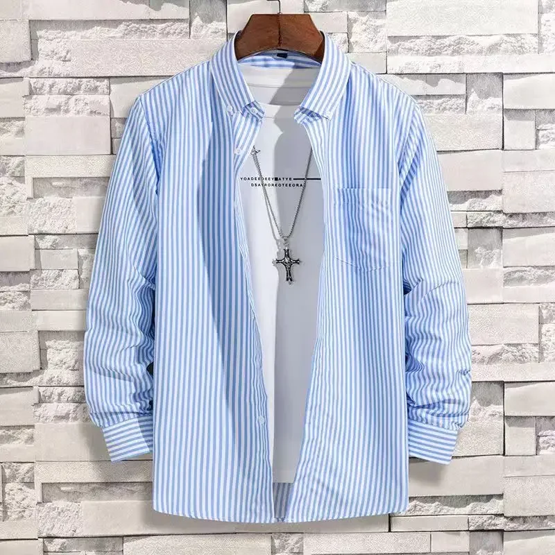 Men's Striped Shirt Light Blue Long Sleeve Shirts All-Match Slim Fit Korean Print Shirt Non-iron Casual Business Dress Shirts - Imagen 2