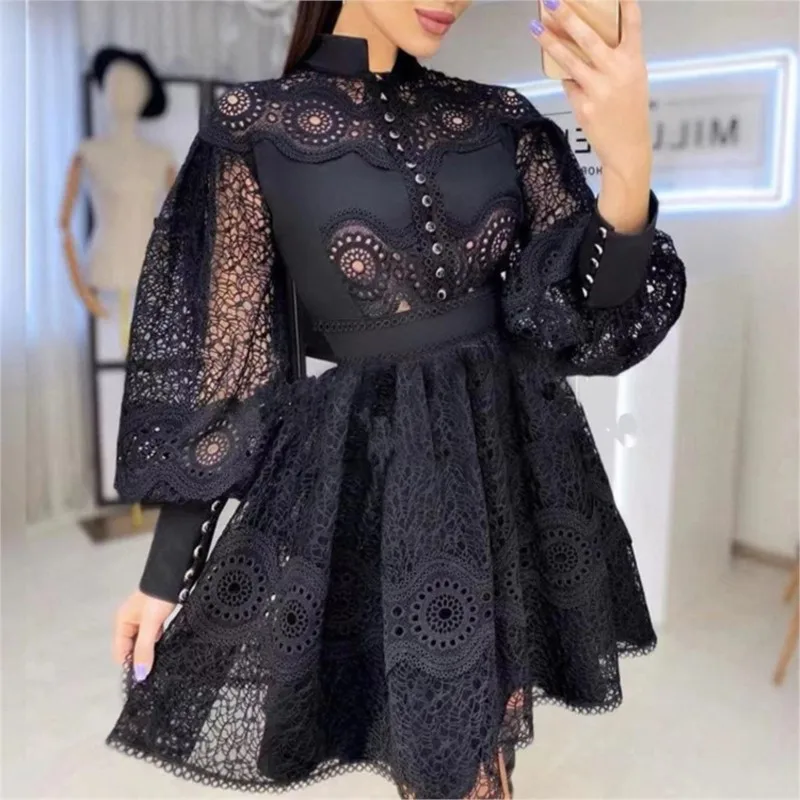 

Women's Lace Dress 2023 New Stand Collar Heavy Industry Lace Stitching Lantern Sleeve Lace Dress Free Shipping