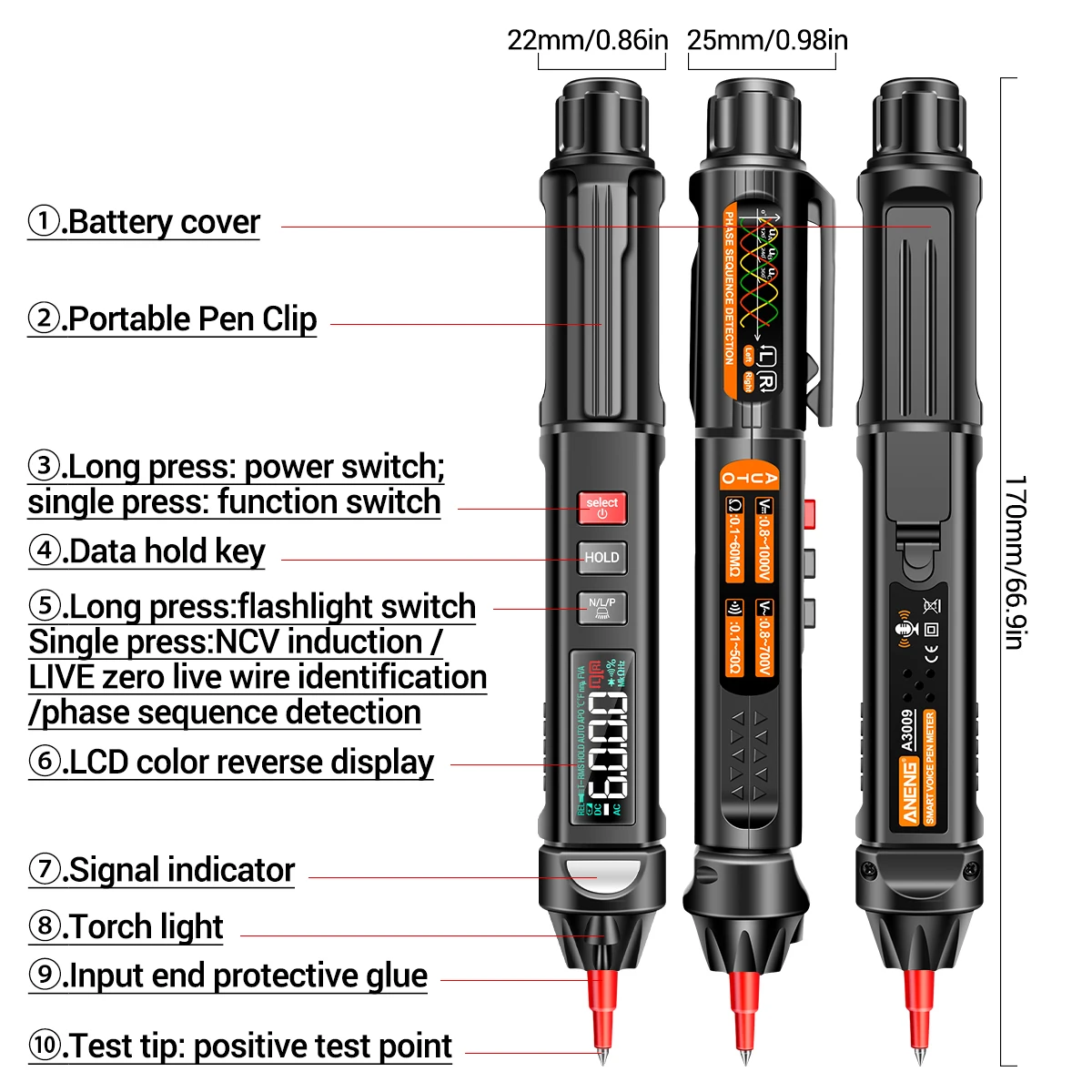 Mini Pen Multimeter with Voice Broadcast 6000 Counts Voltmeter VA Reverse LCD Display NCV Tester Voltage ANENG A3007 A3008 A3009 digital multimeter