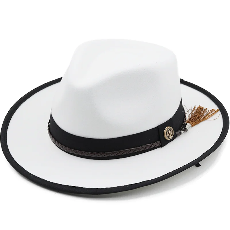 

Feather Band White Wool Felt Jazz Fedora Hat Women Unisex Wide Brim Panama Party Trilby Cowboy Cap Men Gentleman Wedding Hat