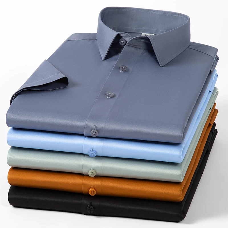 2023 Summer Short Sleeve High Density Silky Material Solid  Elastic Business Men Dress Shirts No Pocket Stretch Clothes 5