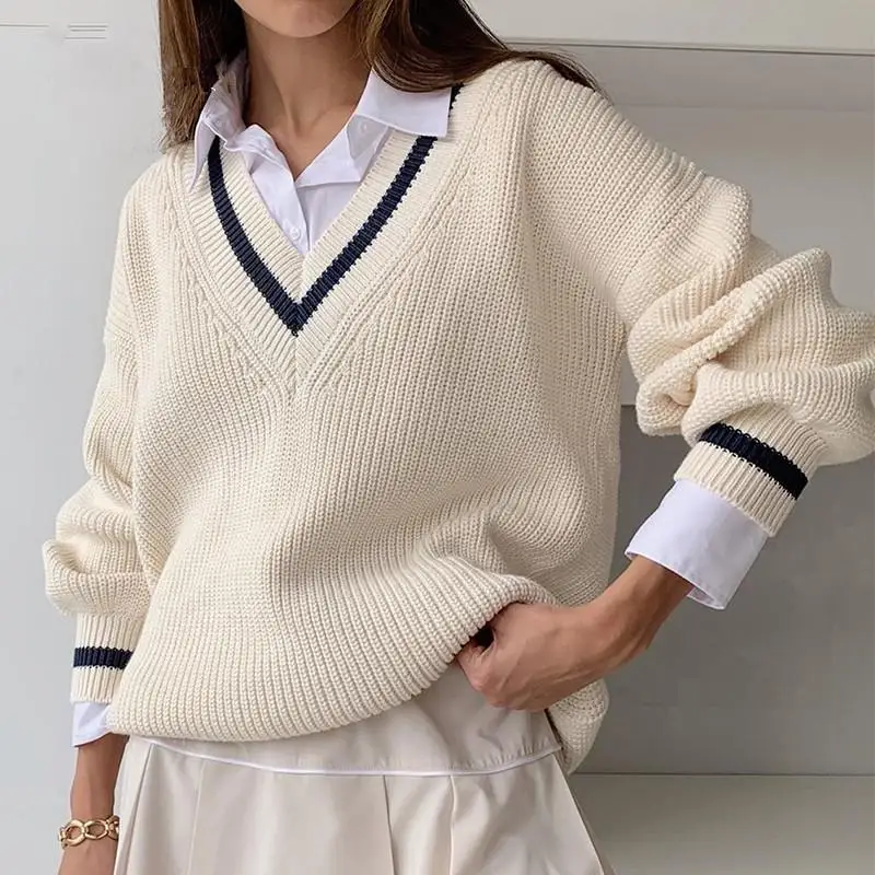 VNeckWhiteCasualSweaterWomenLooseLongSleeveJumpersLadiesHighStreetAutumnWinter