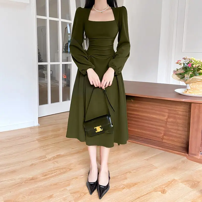 estilo coreano primavera linha vestido para as mulheres novo gola quadrada puff manga mini vestidos casuais elegantes senhoras robe