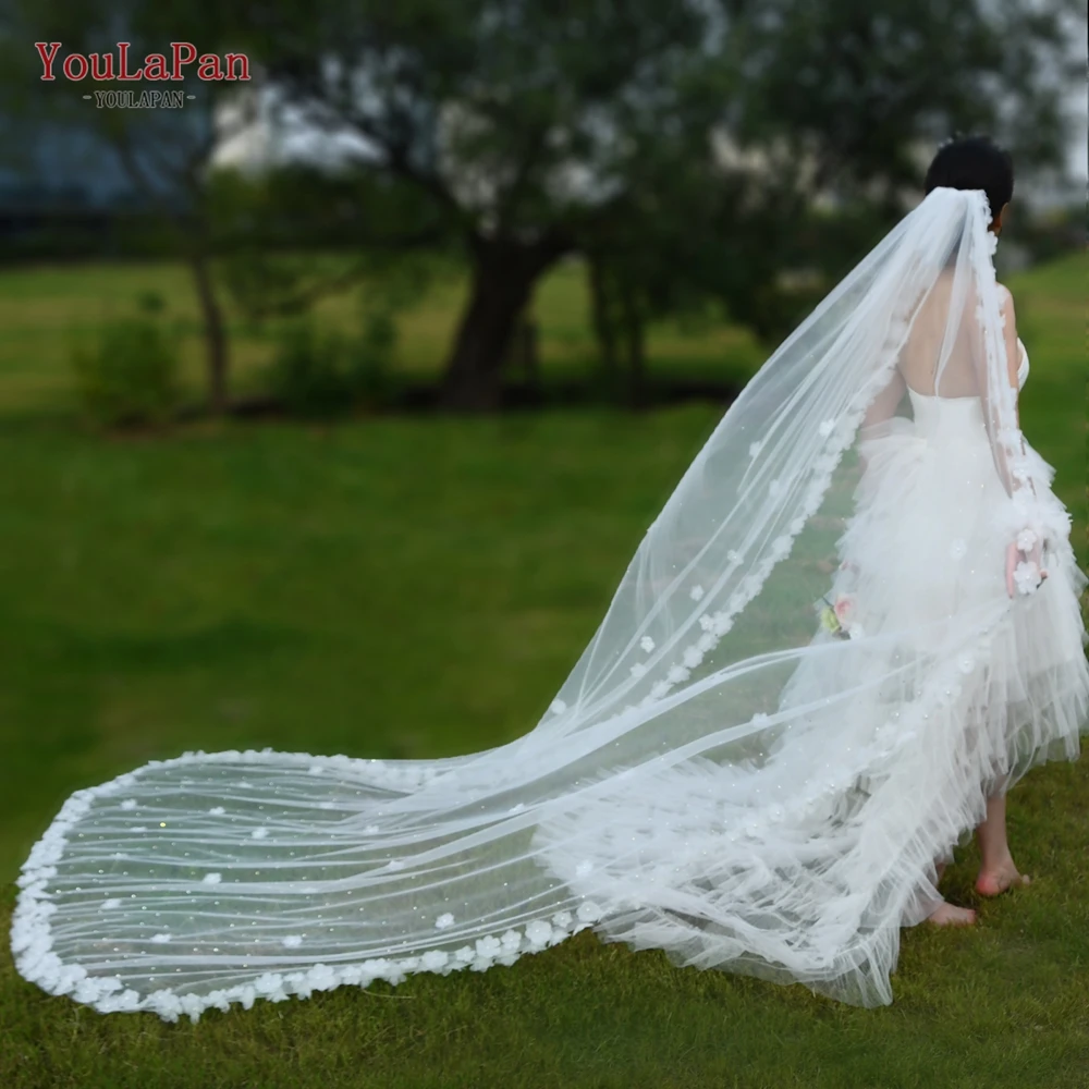 YouLaPan v213 Bridal Head with Veil Floral Bridal Veil Luxury 3m Cathedral Wedding Veil Sparkling Bridal Rhinestone Soft Veil youlapan hp469 bridal forehead crown with combs silver crystal wedding hair accessories rhinestone bride tiara women headdresses