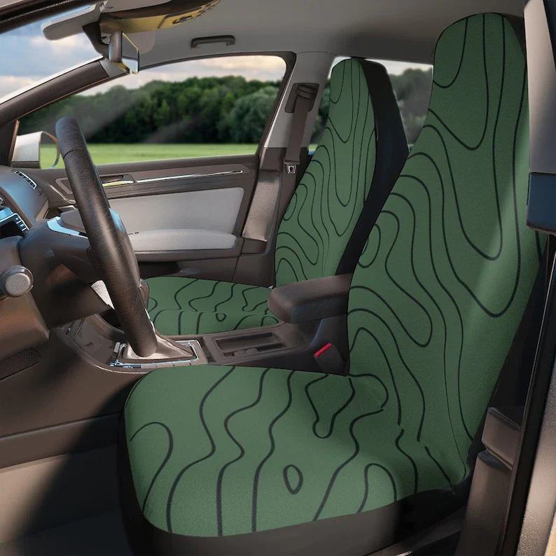 

Dark Green Groovy Retro Boho Waves Cute Car Seat Covers for Vehicle for Women Set of 2