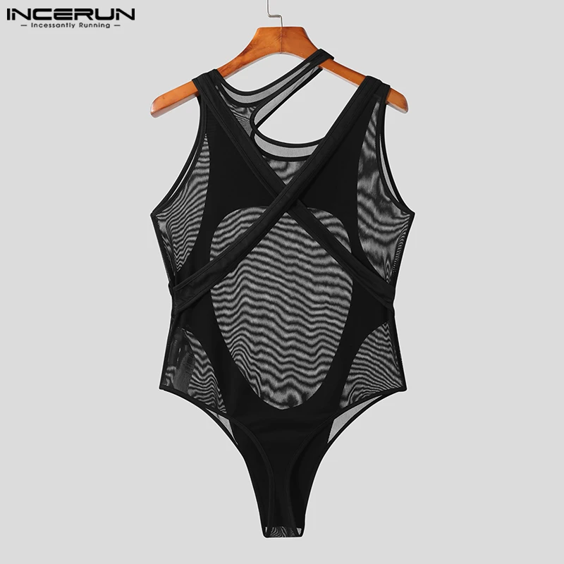 Fashion Casual Style Mens Homewear INCERUN Hollow Design Bodysuits Sexy Male See-through Thin Two Piece Triangle Jumpsuits S-5XL