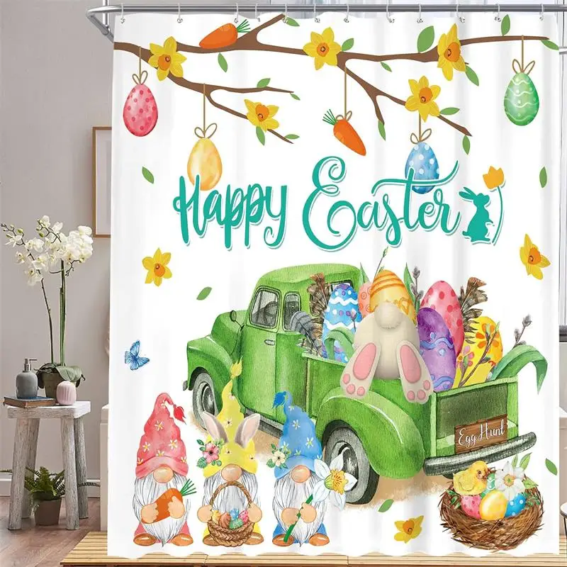 Happy Easter Tenda Da Doccia Cartoon Rabbit Green Truck Funny Elf Bunny Eggs Tende Da Bagno Tessuto In Poliestere Set Di Decorazioni Per Il Bagno