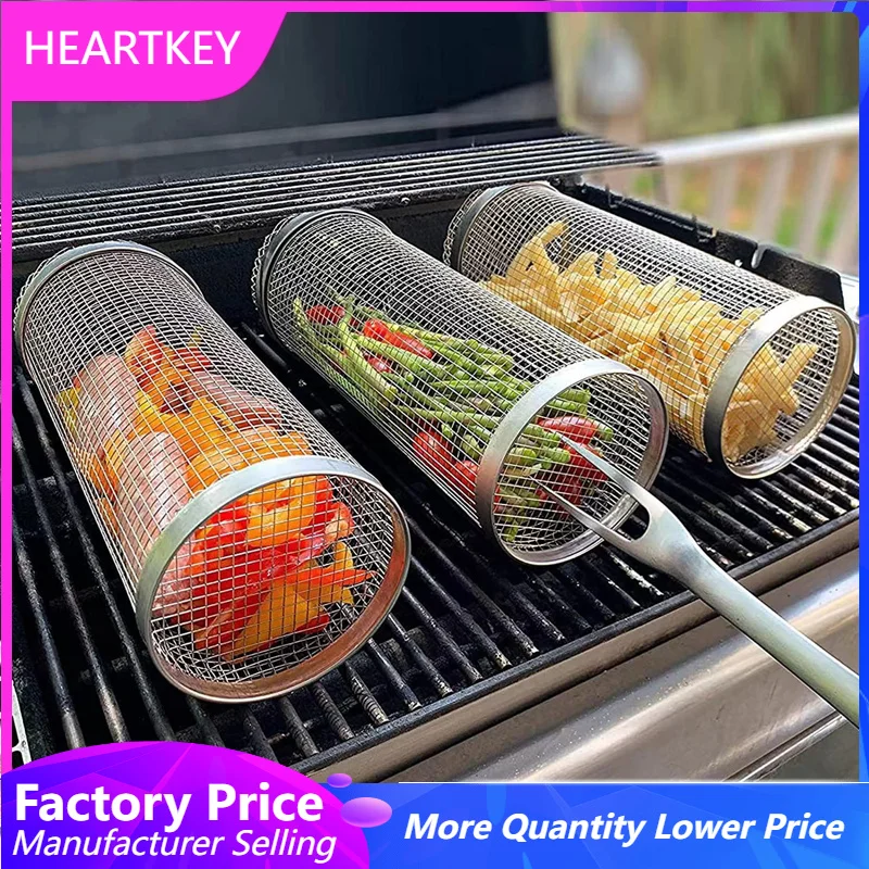 

BBQ Basket Portable Stainless Steel Cylinder Grill Basket Barbecue Cage Outdoor Camping Barbecue Rack Rolling Grill Basket