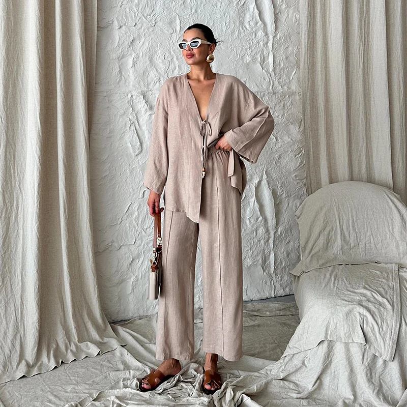 V Neck Lace Up Long Sleeve Shirt Wide Leg Pant Sets