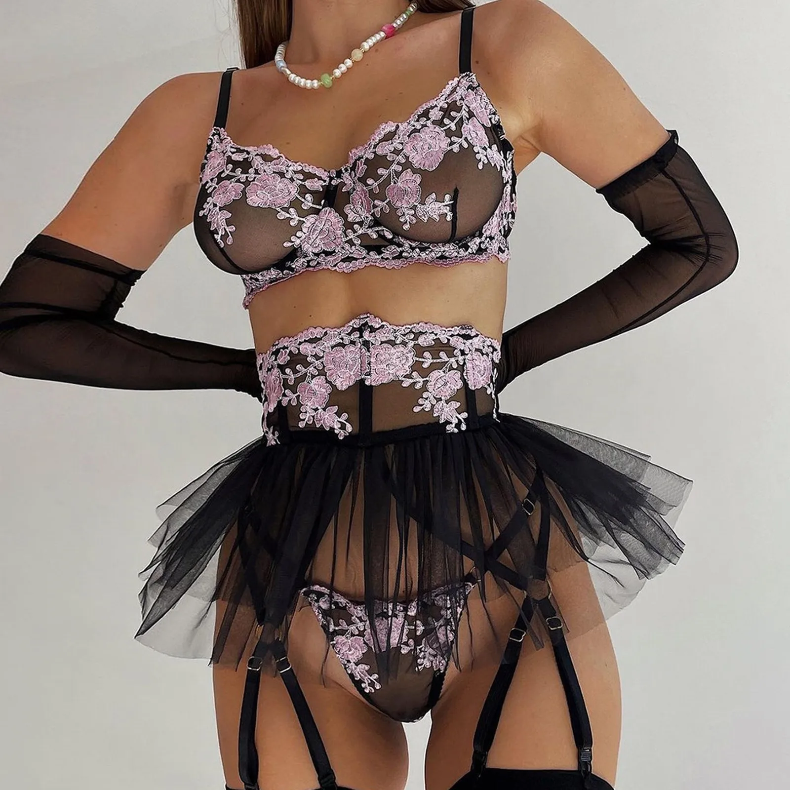 

3-piece Set Lingerie Underwear Set Mesh Embroidered Lace Bra Panty Fluffy Skirt Sets Sensual Erotic Outfits Costume Intimate