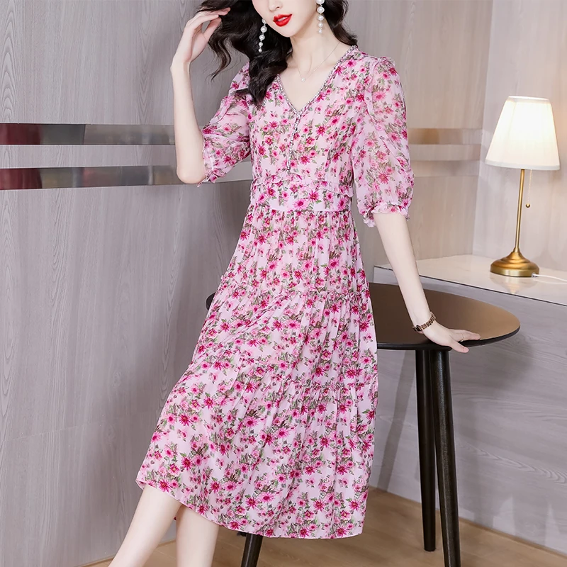 

Spring Fashion Silk Print Dress 2023 New Elegant Fragmented V-Neck Loose Fit Casual Holiday Party Dress Vestidos