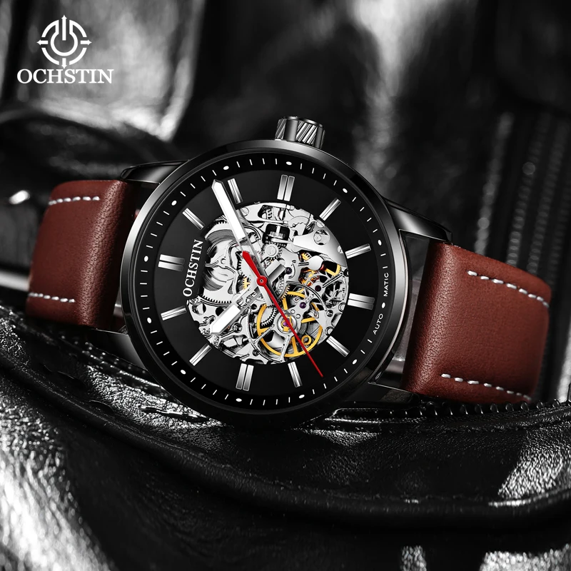 OCHSTIN 2023  Alloy Waterproof Mens Skeleton Watches Top Brand Luxury Transparent Mechanical Sport Male Wrist Watches