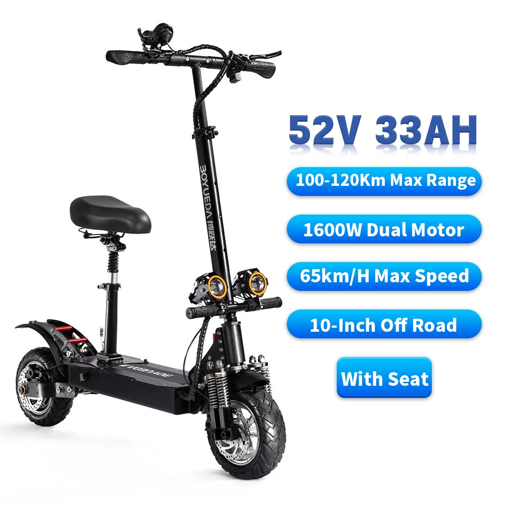 

3200W 52V 33ah Off-road Electric Scooter For Adult with Seat 100-120KM Range Folding Waterproof Dual Motor 65km/h 10 inch E-bike