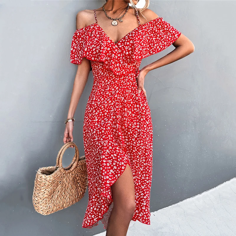 

Ladies Spring Summer Sexy Straps Dress Women Ruffles Off Shoulder Casual Party Dresses Elegant Floral Print Beach Dress 2023