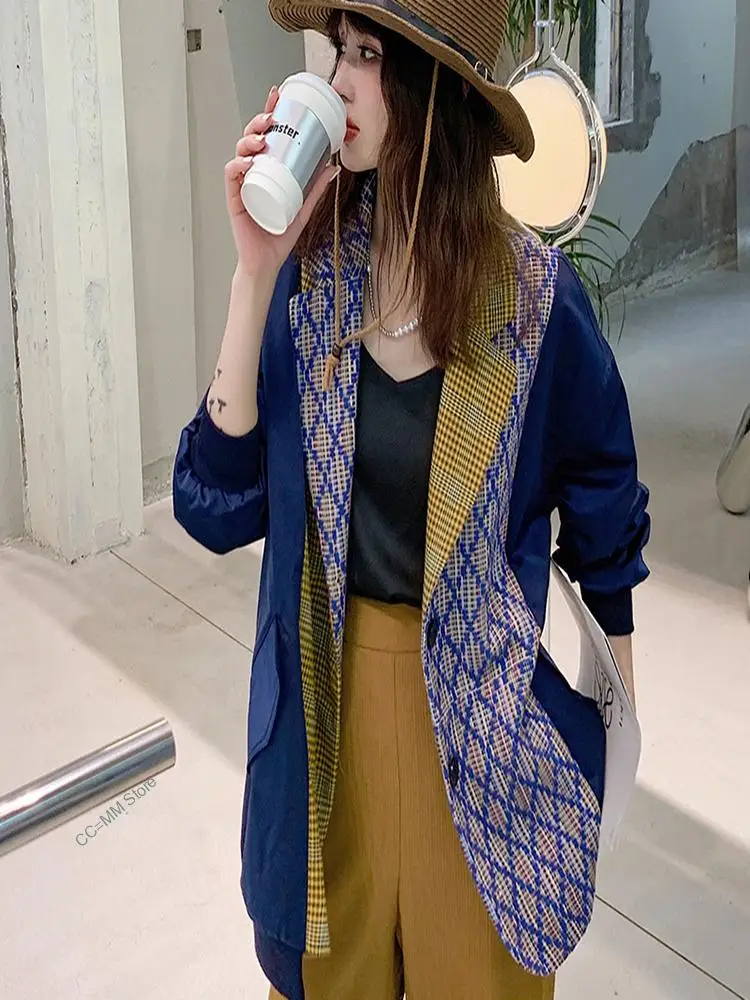 

CCMM Loose Color Contrast Splicing Single Breasted Blazer Patchwork Suits Jacket Long Sleeve Coat Spring Fashion Clothing