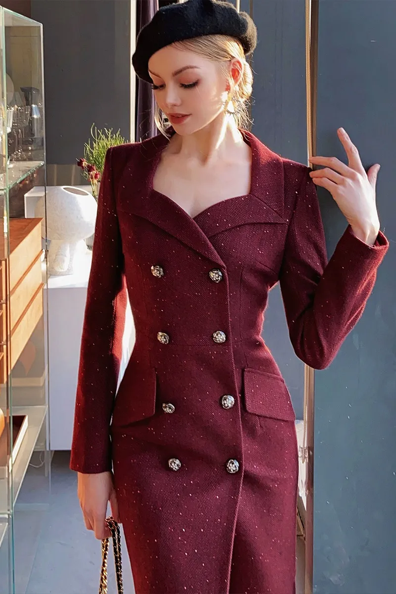 

Dabuwawa Spring Autumn Female Trend Effortless Chic Square Neck Double Breasted Laple High Waist Dresses 2023 DM1ADR012