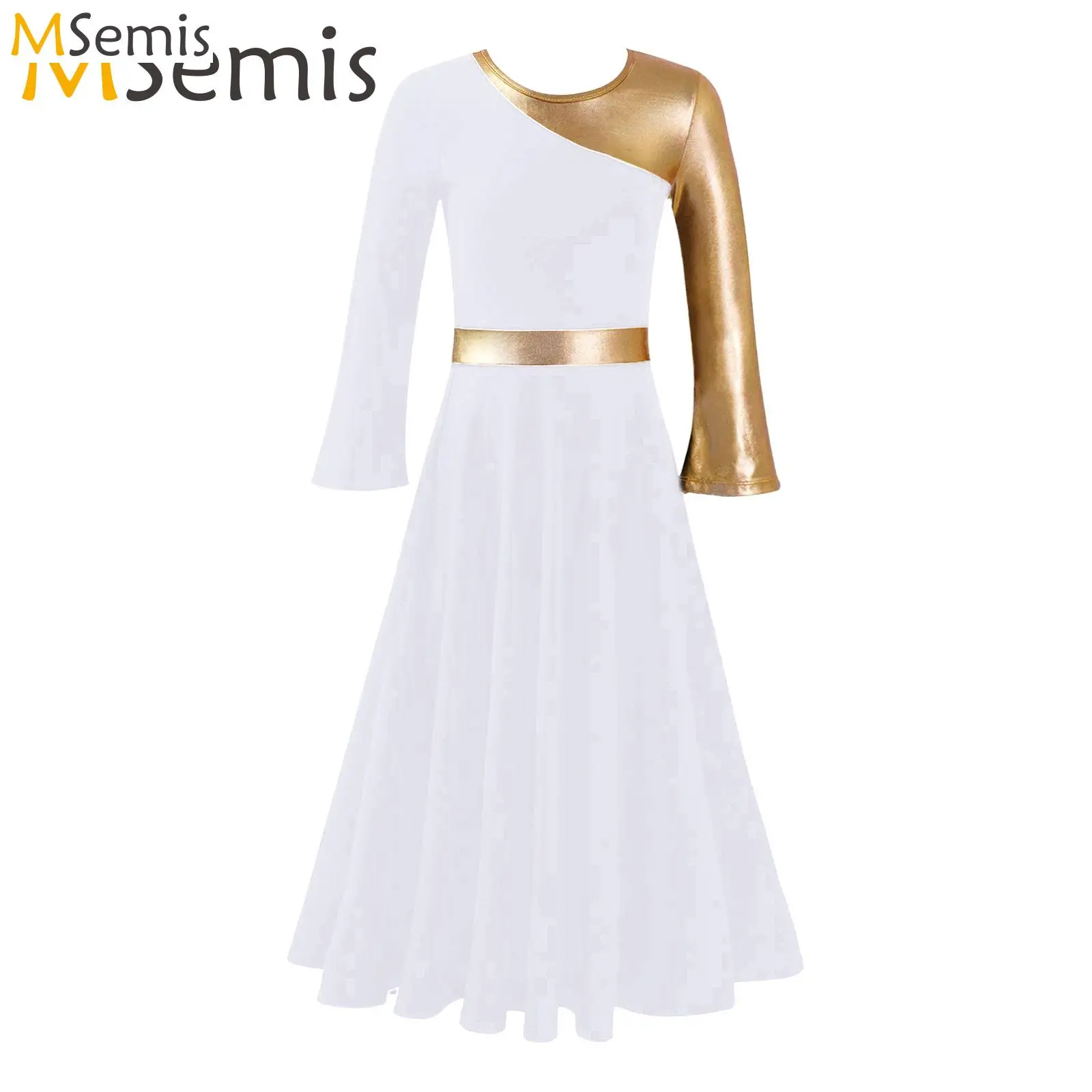 Girl Metallic Liturgical Praise Dance Dress Gold Color Block Church Celebration of Spirit Praise Stage Performance Dancewear