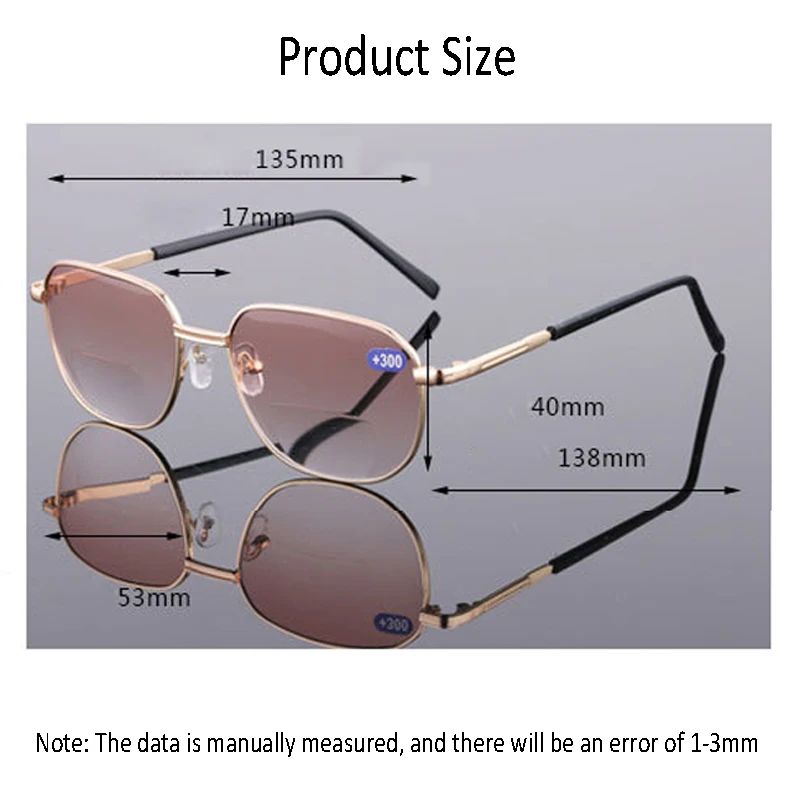 Reading Glasses Men Women Bifocal Hyperopia Eyewear Far and Near HD Resin Lens Metal Square Presbyopic Eyeglasses +100 To +400