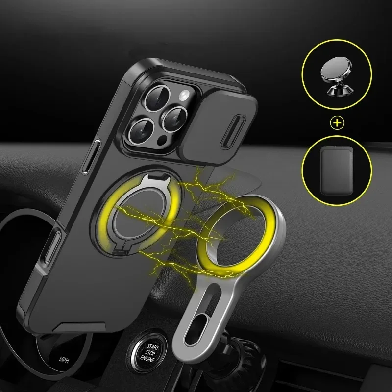Luxury Heavy-Duty Rugged Armor Magnetic Bracket Case For iPhone 16 15 14 13 12 11 Pro Max Plus Slide Camera Protection PC Cover 5