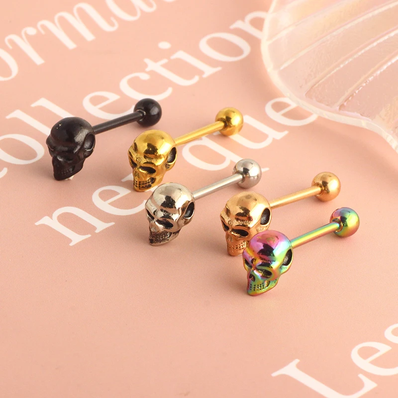 skull Tongue piercing stainless steel crystal Tongue rings piercing lengua men barbell pircing langue body jewelry ear tragus