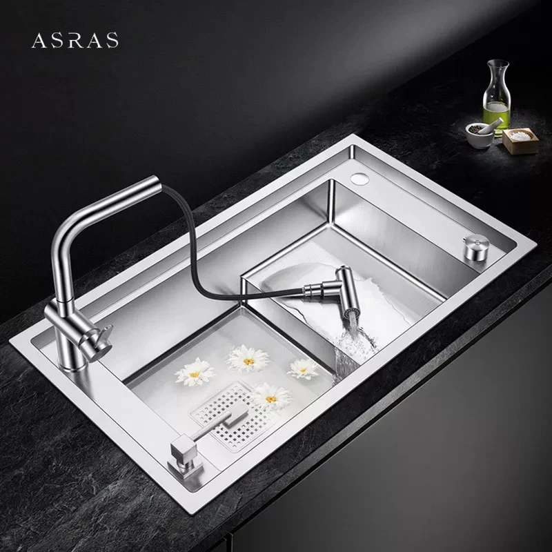 ASRAS Stepped Sink 304 Stainless Steel 4mm Thickness 220mm Depth Large Size Handmade Brushed Luxury Stepped Kitchen Sinks