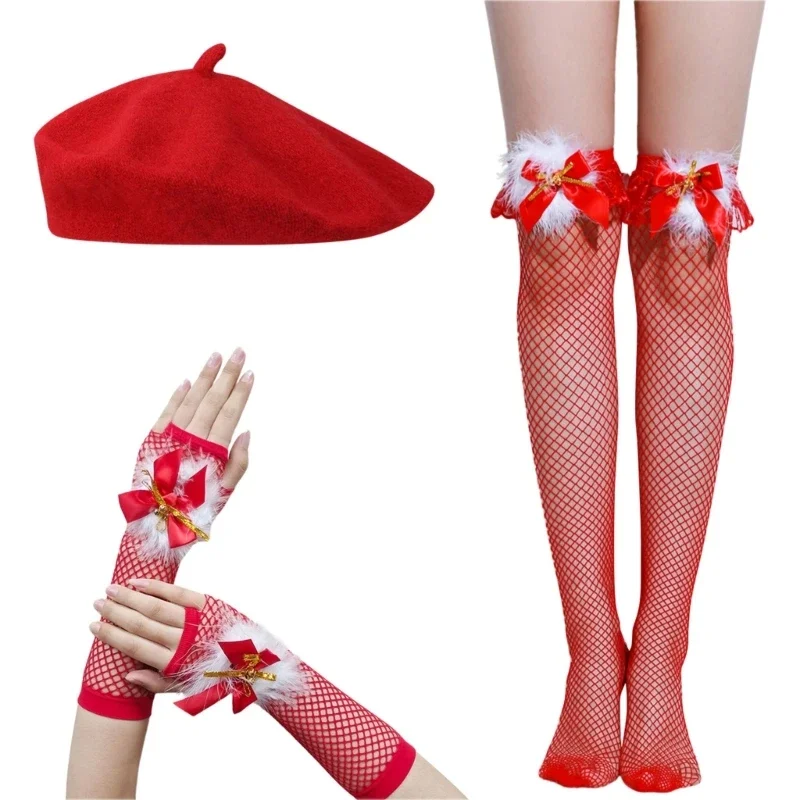 

Adult Christmas Hat with Mesh Stocking & Gloves Set Traditional Red Cosplay Santa Supplies for New Year Presents