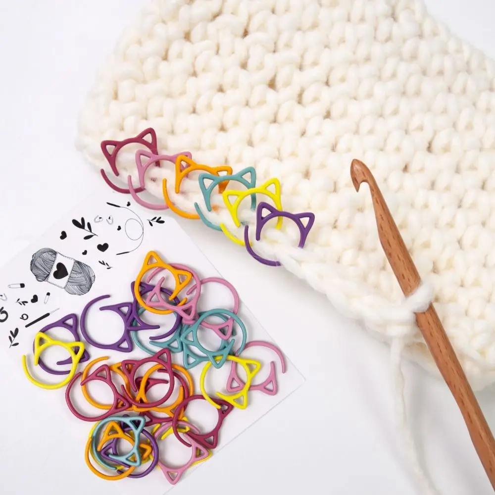 24Pcs Colorful Cat Ears Crochet Stitch Markers Metal Knitting Locking DIY Weaving Tools