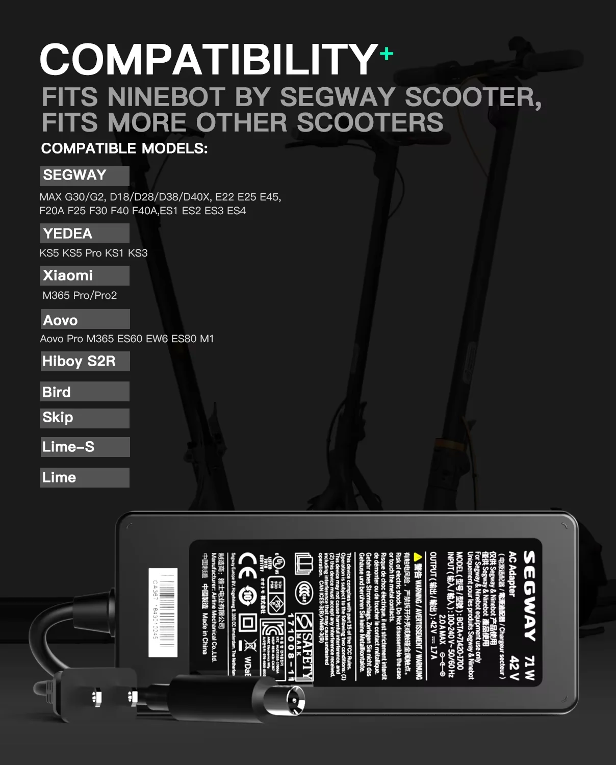 High-Performance 42V Electric Scooter Charger, 1.7A 70W Output