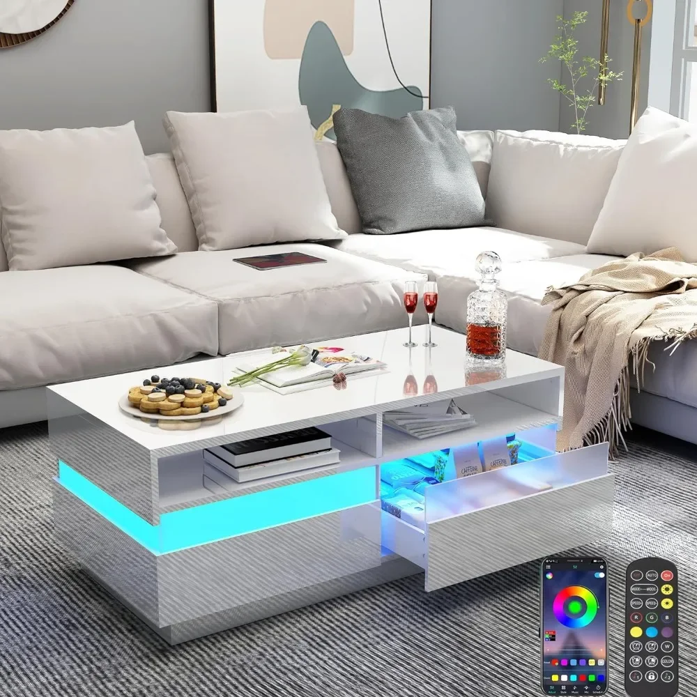 Coffee Table, Modern High Glossy LED Coffees Tables W/ 2 Storage Drawers, Coffee Table 2
