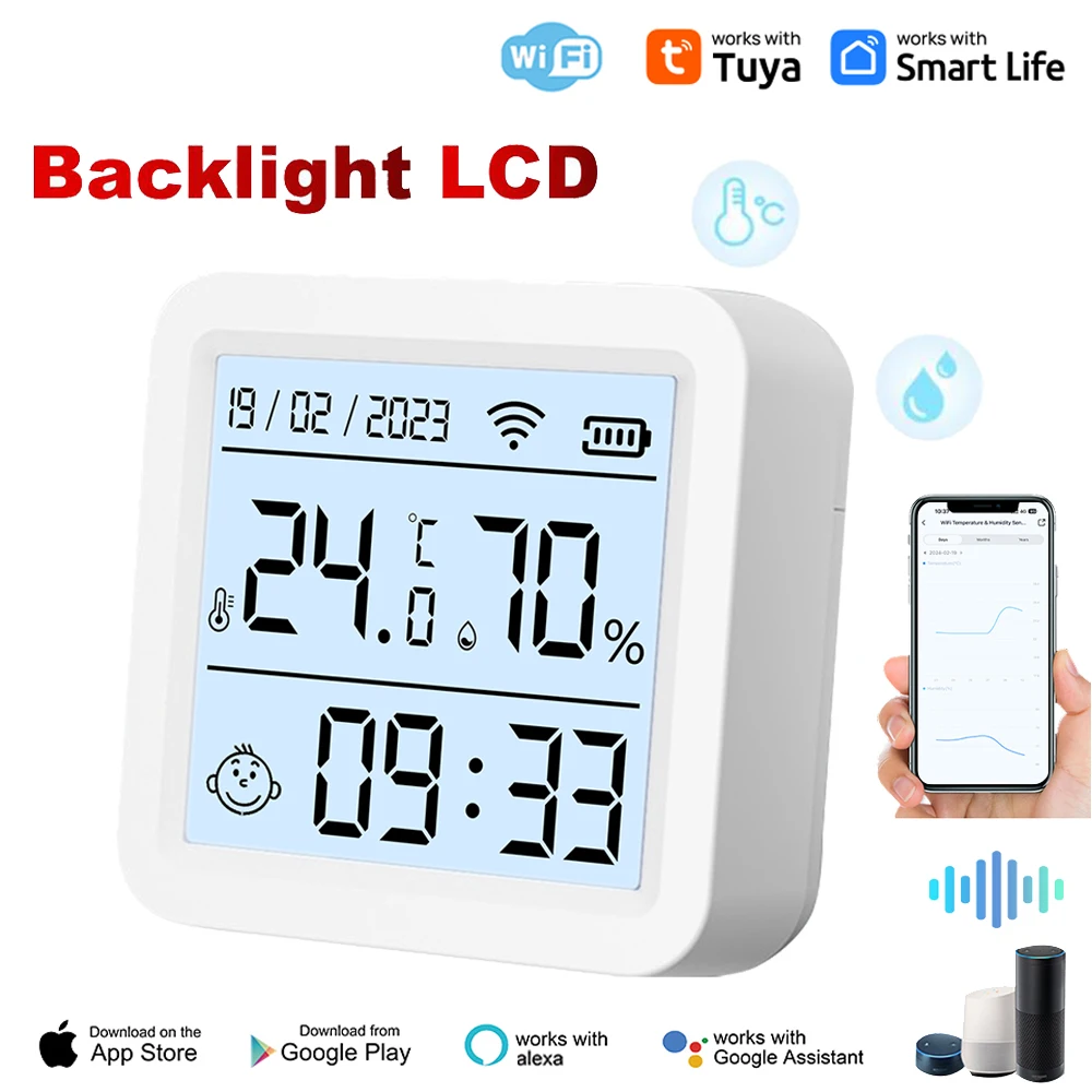 Temperature Humidity Sensor Tuya Smart WIFI Indoor Hygrometer Thermometer LCD Display Support Alexa Google Assistant