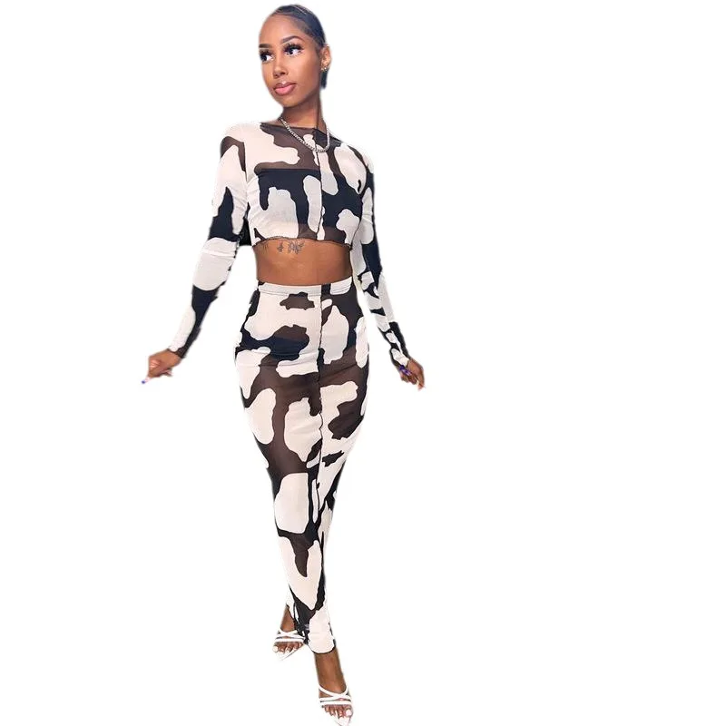 

2023 European And American Women's Spring New Mesh Print Open Navel Long Sleeve Top Slim Fit Long Dress Set
