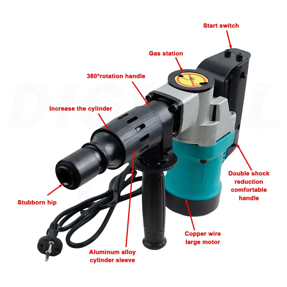 1200W Electric Hammer Drill Heavy Duty Rotary Drill Swivel Demolition Hammer 1500RPM Industrial Grade Concrete Demolition Hammer 2