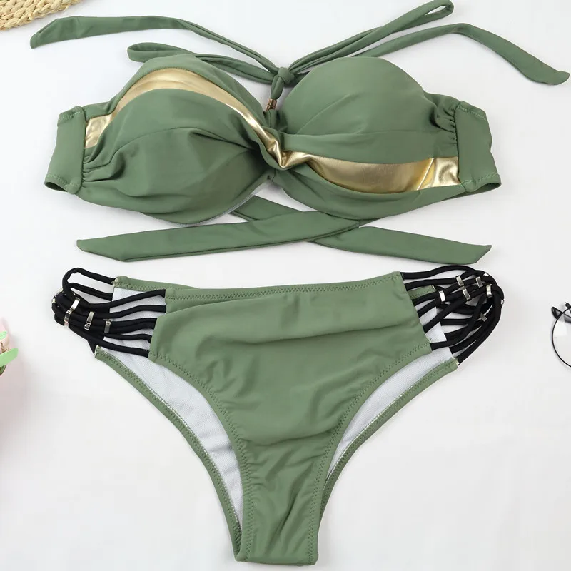 bikini sets for women Sexy Push Up Bikini Set 2022 New Patchwork Swimsuits Ruched Swimwear Women Biquini Strap Yellow Bathing Suit Summer Beachwear two piece bikini set