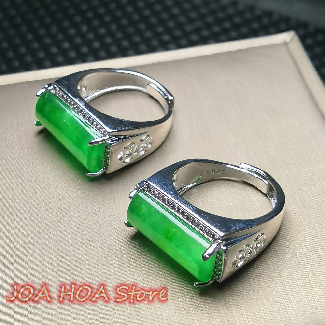 Natural Burman High-ice Full Green Jadeite 925 Silver Inlaid Saddle Ring Men's Emerald Handring High Quality Jewelry
