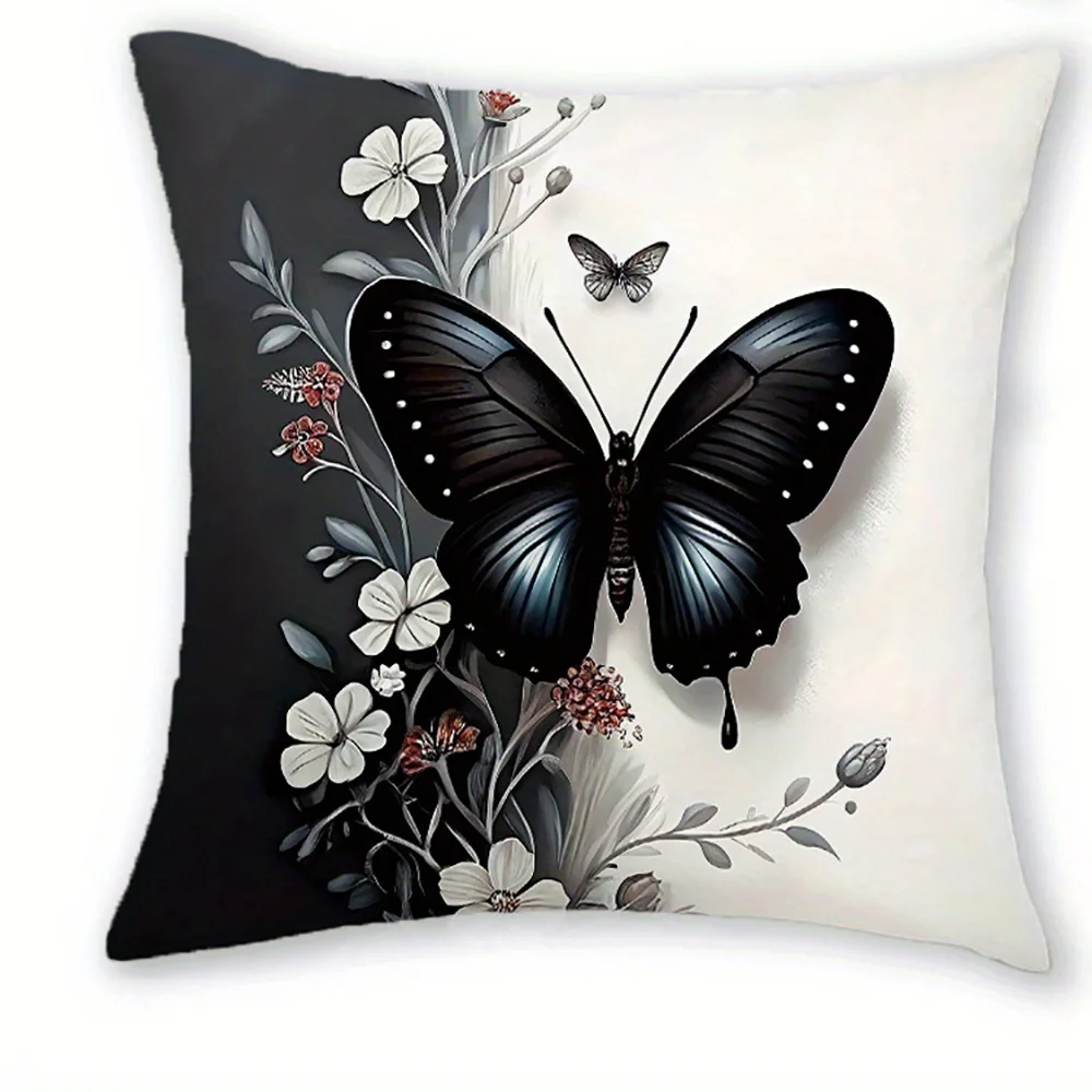 Black butterfly floral pillow cover design